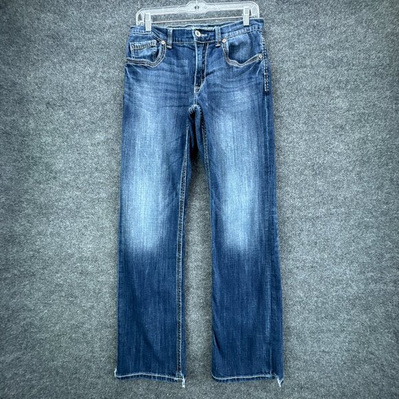 Buckle BKE Jake Jeans Mens 31L X 32 Blue Western Cowboy Rodeo Straight Whiskers